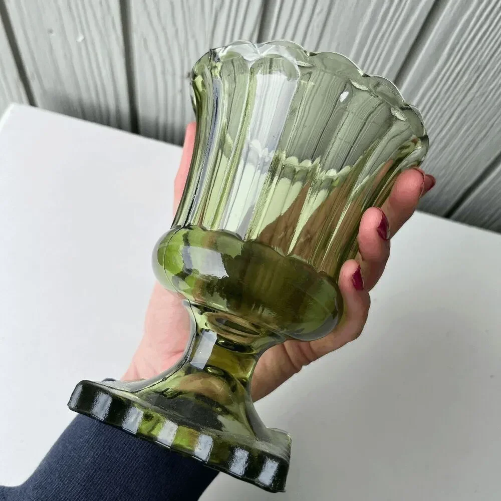 VTG Indiana Glass Avocado Green Pedestal Vases + Amber Mount Vernon Set
